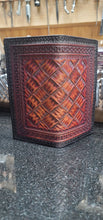 Load image into Gallery viewer, Mahogany and black roper wallet with hand cut basket pattern