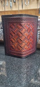 Mahogany and black roper wallet with hand cut basket pattern