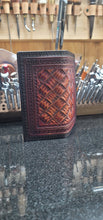 Load image into Gallery viewer, Mahogany and black roper wallet with hand cut basket pattern