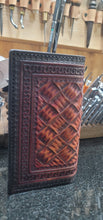 Load image into Gallery viewer, Mahogany and black roper wallet with hand cut basket pattern