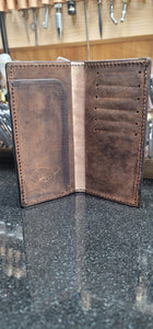 Mahogany and black roper wallet with hand cut basket pattern