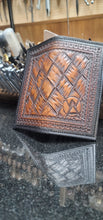 Load image into Gallery viewer, Mahogany and black roper wallet with large hand cut basket pattern