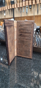 Mahogany and black roper wallet with large hand cut basket pattern